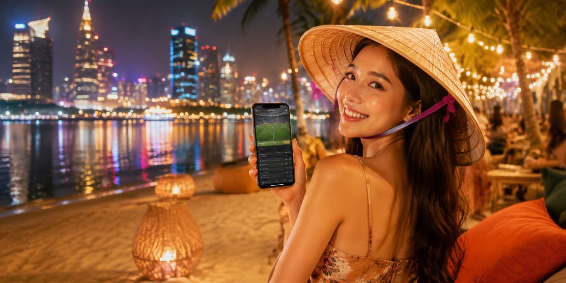 Người chơi tại TP.HCM theo dõi kèo bóng đá trực tiếp trên điện thoại với nón lá truyền thống làm nền