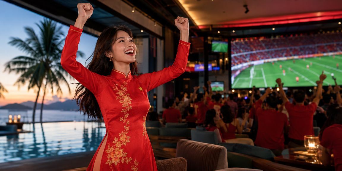 Phụ nữ mặc áo dài tại Nha Trang trải nghiệm live casino trực tuyến trên điện thoại di động bên bờ biển