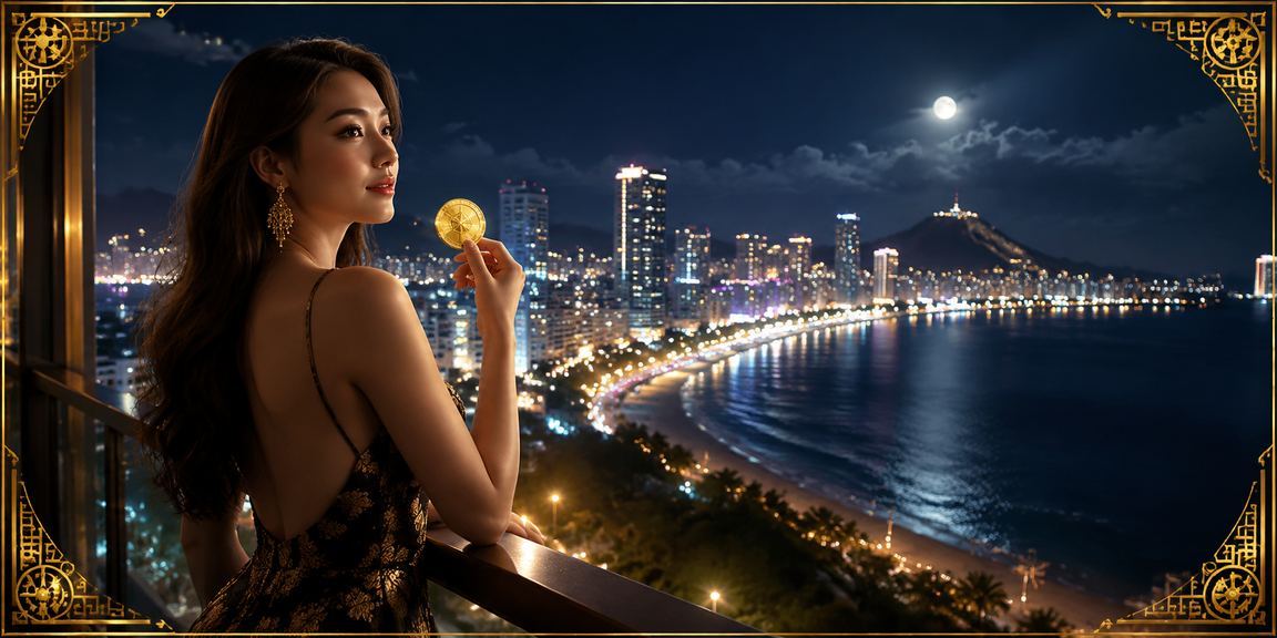 Cảnh biển Vũng Tàu về đêm với người dùng đang thư giãn và chơi slots trực tuyến trên điện thoại